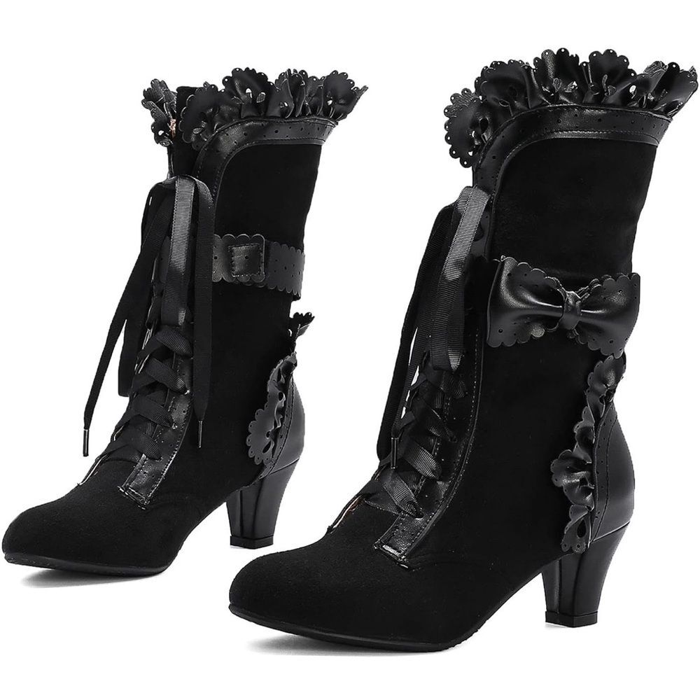 Lolita Boots Lace Up‎ Ruffle Bow Cosplay Costume Ankle Boots